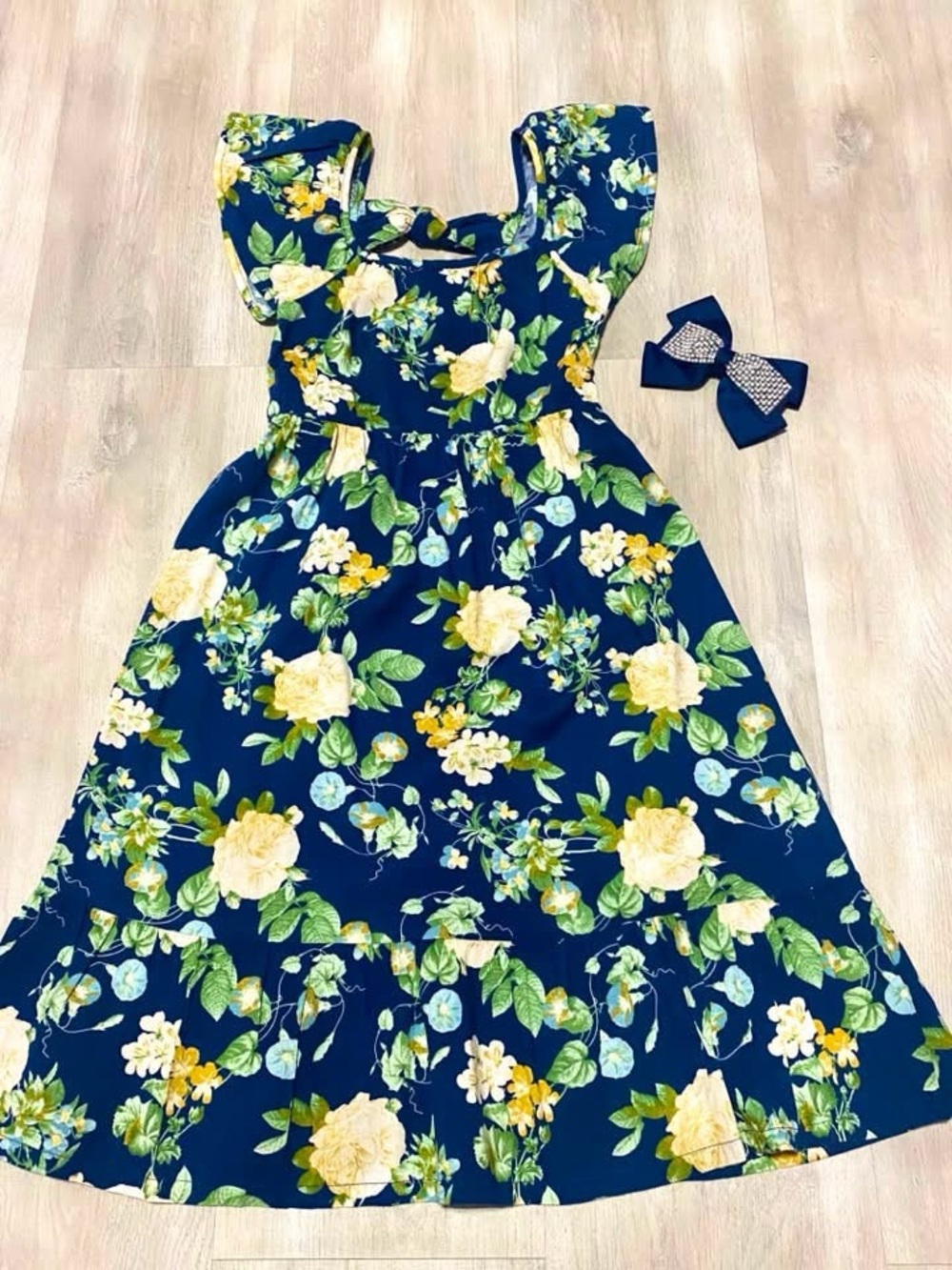 Old Navy Navy Floral Ruffle-Sleeve Dress with Yellow & Green Print